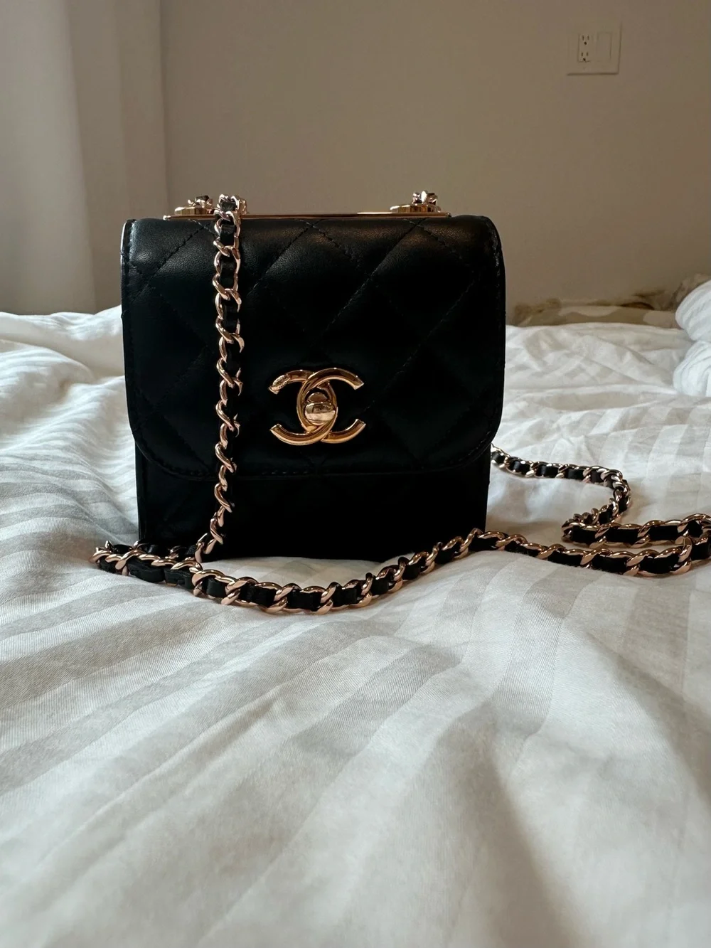 CHANEL Lambskin Quilted Mini Trendy CC Bag in Black, Rose Gold Hardware
